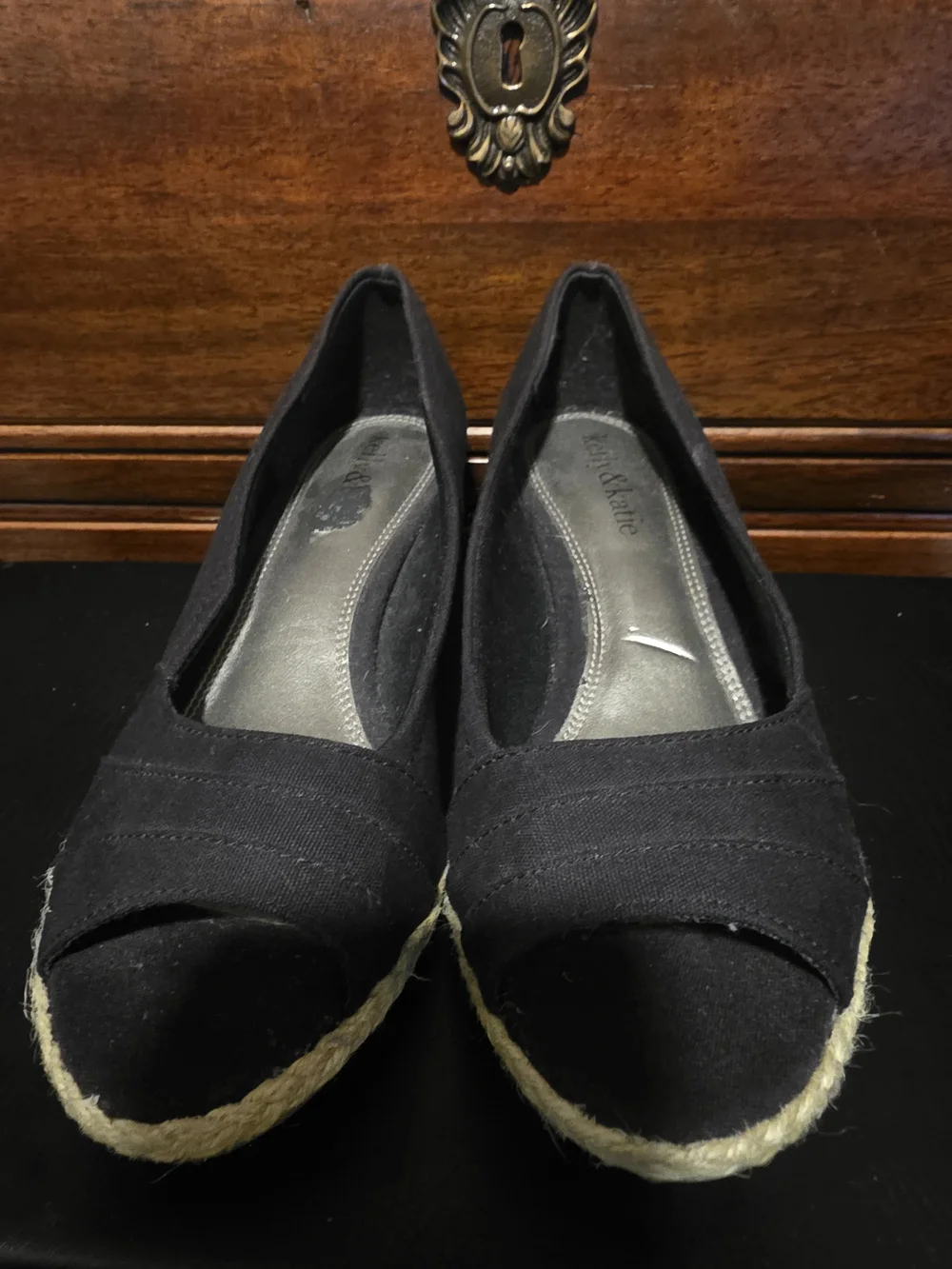 Kelly & Katie Black Peep-Toe Espadrille Wedge